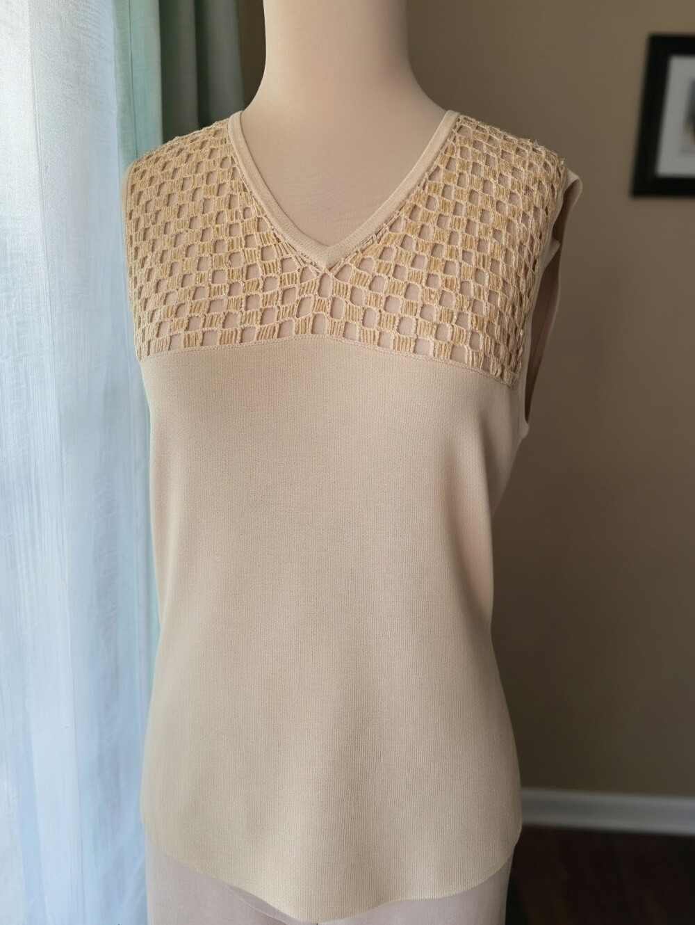 Ziani Couture Beaded Crochet Mesh Tank Top V-Neck Tan Beige Shimmer Blouse L
